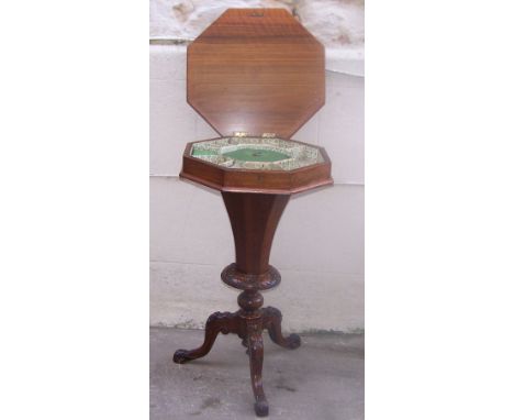 A Victorian burr walnut octagonal Sewing Table with fitted interior, on a tapering panel sided column and carved triple splay