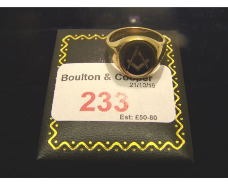 A 9ct. gold Ring set in blue enamel with Masonic emblems.   (7.4gms)