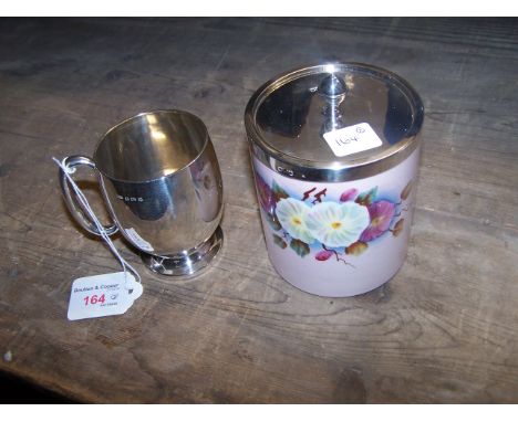 A silver Christening Cup of plain form on collet foot, inscribed 'Alan', Birmingham, 1914, maker Sydney & Co. (3ozs) and a po