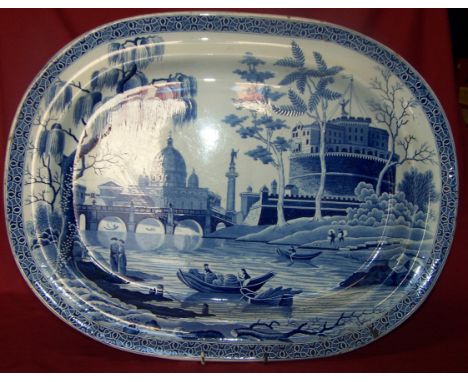 A 19th Century oblong Earthenware Meat Plate printed in blue and white with the Tiber pattern, unmarked but probably Spode, 2