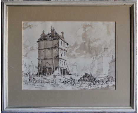 #  ALBERT THOMAS PILE (1882-1981); workmen repairing a WWI damaged town, Pen and Sepia, 10 1/2" (27cms) x 14 1/2" (37cms); a 