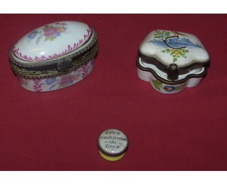 A small early 19th Century circular enamel Patch Box inscribed 'Love Constitutes the Gift', (a/f) and two other boxes.