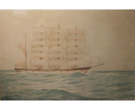 R A L; Watercolour of a four masted Sailing Ship, fully rigged, signed with initials, 13" (33cms) x 19 1/2" (50cms), a print 