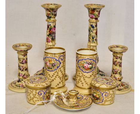 #  A Copeland & Garrett Dressing Table Set comprising pair of spill vases, pair of covered jars and a chamber stick, each dec