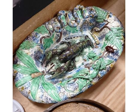 A Pallesy type oval dish, decorated lobster and snakes, 24 cm wide, a pair of Chinese vases, a blue and white bowl, an indent