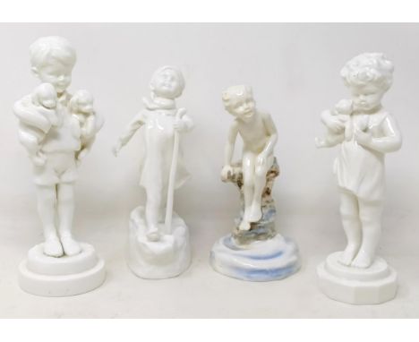 A Royal Worcester figure, of a boy perched on a rock, 15 cm high, another with a cane, 15 cm high, and a pair of figures hold