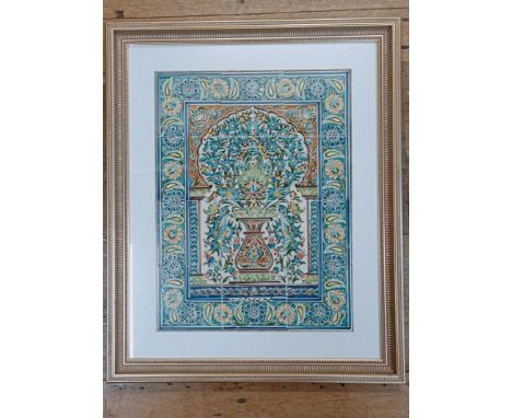 A set of Islamic tiles, decorated vase and flowers, framed, 61 x 44 cm