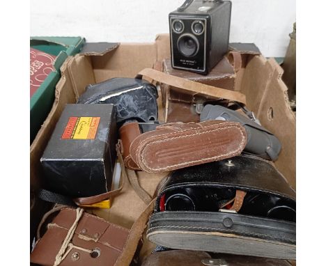 A vintage Nettar camera, and assorted other cameras, binoculars and lenses (box)
