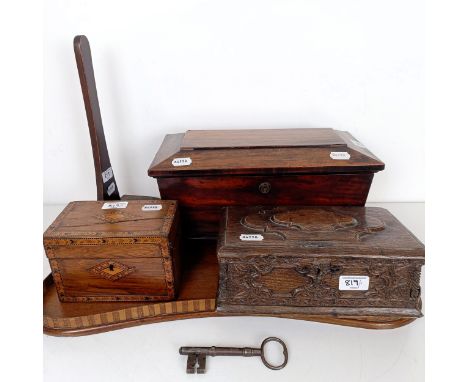 A 19th century rosewood tea caddy, 40 cm wide, a carved oak box, a caddy, a plate stand and a mahogany tray (5)