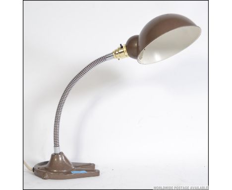 A vintage mid 20th century Hawkins of England Gooseneck desk lamp with a steel pendant shade, cast iron base with original pa