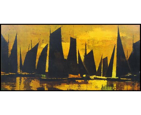 A mid century retro framed print of sailing boats at sunset signed by the artist to the corner with further notation to verso