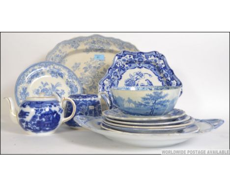 A large quantity of antique blue and white china to include early Masons, Spode, Bristol teapots etc