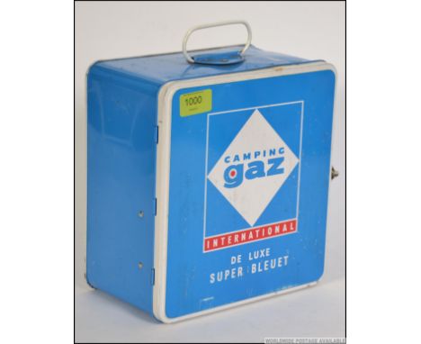 A retro vintage Camping Gaz " Super Bleuet " gas camping stove in the original tin with notation to the front. Measure: 24cms
