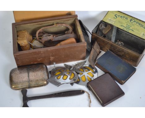 A dealers lot - A collection of curio's to include leather workers sewing tools, two vintage AA car badges, vintage padlocks 