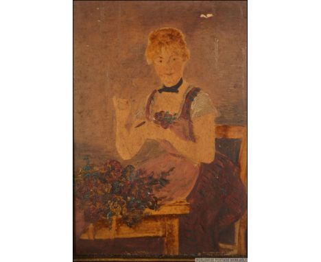 A 19th century oil on wooden board  panel portrait study painting of a lady flower arranging at a table. Unsigned and set wit