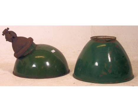 A pair of vintage enamel two tone green and enamel painted factory Industrial pendant lights.   30cm high x 46cm wide x 46cm 