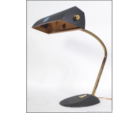 A good 1950's vintage goose neck anglepoise desk lamp with mottled black finish to rectangular shade and base with gilt metal