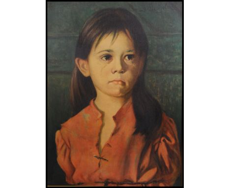 A large gilt framed retro kitsch print of a crying young girl signed by by Giovanni Bragolin ( Italian, 1911-1981 ). Measures