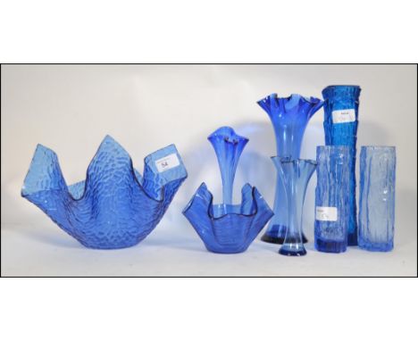 Mixed group of blue studio glass in the retro vintage style to include Ravenshead , and possible Whitefriars , handkerchief b