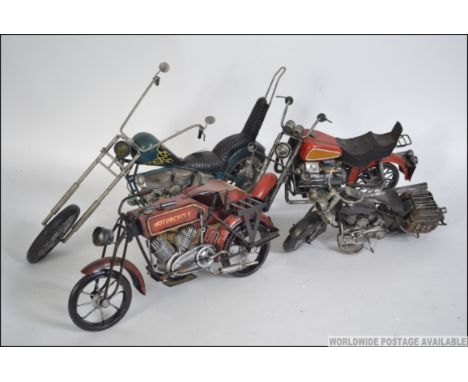 A good group of 4 vintage style model motorbikes to include motorbike with side car, Harley Davidson style etc. (please see i