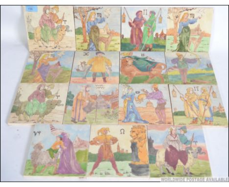 A collection of 15 Aesop's fabels ceramic tiles, each with differing scenes having central character / zodiac marks. Marked M
