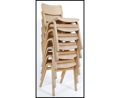 A set of six vintage mid 20th century beech wooden stacking village hall / school chairs. Measures: 74cms high x 41cms wide x