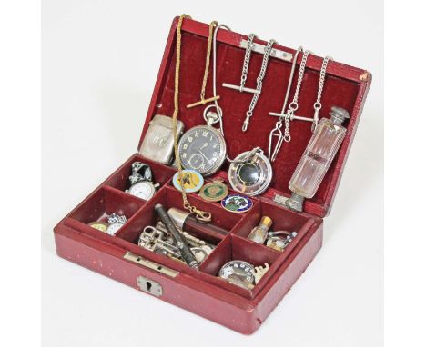 A jewellery box and contents to include a silver Albert chain, a silver vesta, five watches, enamel badges, scent bottles, a 