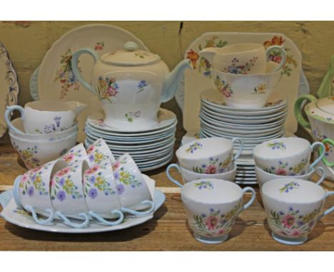 A Shelley blue Wild Flowers 55 piece tea set no 13668 comprising 3 large plates, 6 medium plates, 15 small plates, 13 saucers