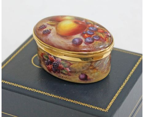 A Kingsley enamel box decorated with fruit with box. CONDITION REPORT - very good, no damage, minor wear, box interior staine