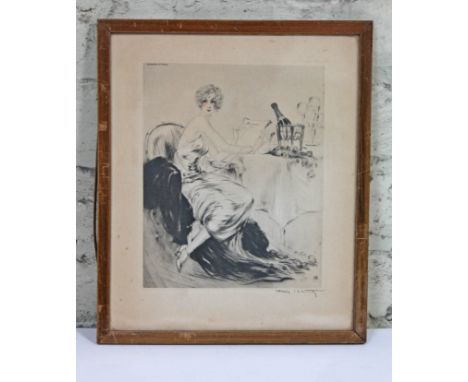 Louis Icart (1888-1950), French Art Deco etching depicting a lady sat at a table with Ayala Champagne, 17.5cm x 22.5cm, signe