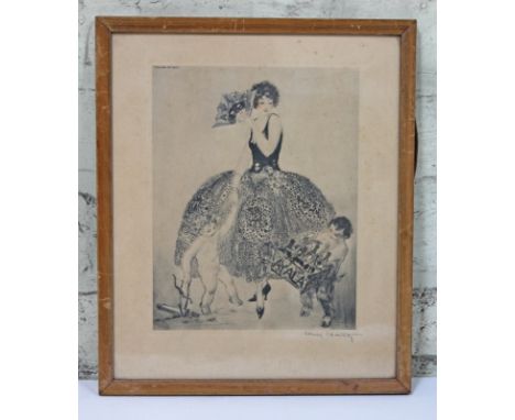 Louis Icart (1888-1950), French Art Deco etching depicting a lady and two cherubs one holding a basket of Ayala Champagne, 17