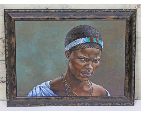 Julie Askew, African woman portrait, acrylic on board, 40cm x 28cm, signed lower right, modern frame 49cm x 36.5cm.