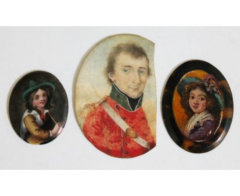 A group of three 19th Century miniatures portraits; porcelain, ivory and tortoiseshell.