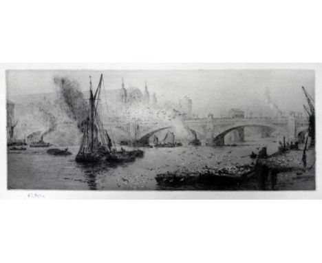 William Lionel Wyllie (1851-1931), London Bridge, etching, 32.5cm x 12.5cm, signed in pencil lower left, glazed and framed 54