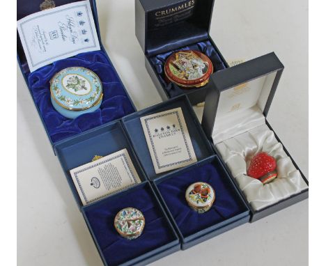 A group of three Halcyon Days enamel pill boxes and a Grummles. CONDITION REPORT -  very good, no damage/repair.