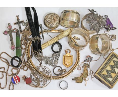 A mixed lot to include hallmarked silver, a jade pendant,  a butterfly brooch, a bone needle case etc.