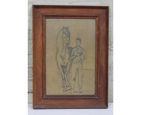 A lithograph depicting a horse and boy after Picasso, oak frame 48cm x 66cm.