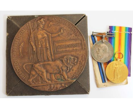 A WWI pair and death plaque awarded to Alfred Hughes, the medals inscribed 29864 PTE A HUGHES CHES R