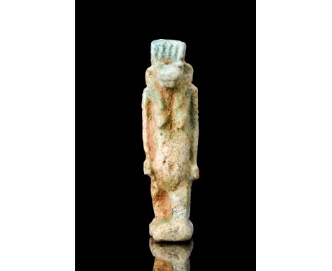 Ca. 664-332 BC. An amulet made of blue-green faience. Depicted is the goddess Taweret represented as a female hippopotamus wh