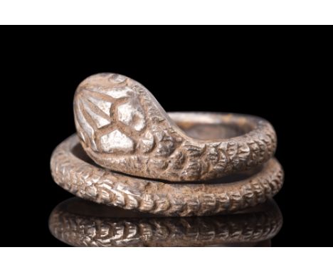 Ca. 1st century BC - 1st century AD. A silver ring fashioned into the form of a coiled serpent, the ring is crafted from a si