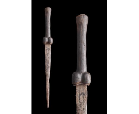 Ca. 1300-1500 AD. Forged in iron with a wooden dagger with a lengthy blade and a thick handle. The wood covers the tang, form