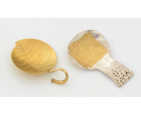 Two contemporary silver caddy spoons: a gilt leaf spoon with textured decoration by C.J Philipson (of N. Yorkshire) London 19