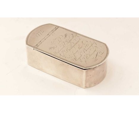 A George III Scottish silver snuff box, rectangular with rounded ends, border engraving and a concealed flush hinge, the cove