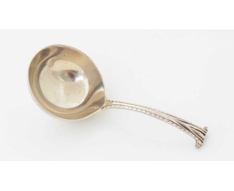 A George III silver caddy spoon, with a round bowl, an Onslow or scroll terminal and a feather-edge stem, initialled on the r