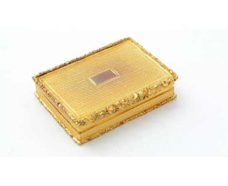 An early Victorian gilt metal snuff box, in the form of a silver example, rectangular with raised floral borders, engine-turn