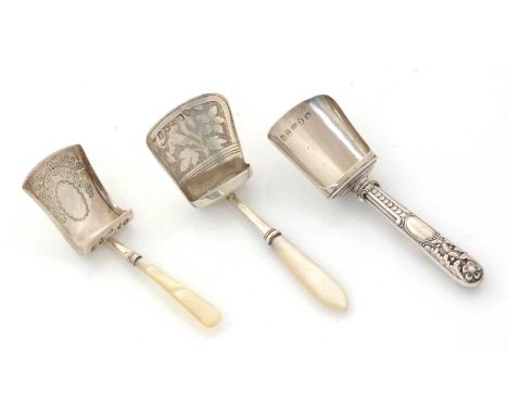 Three various silver caddy scoops or shovels, all Birmingham hallmarked, by three different markers (Francis Clarke, Taylor a