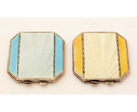 A matched pair of art deco revival silver and enamel compacts; of canted square form, one enamelled in pearl and yellow the o