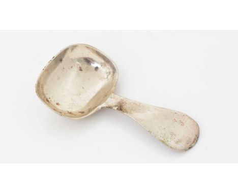 An early Victorian silver Scottish provincial caddy spoon, plain, with rounded square bowl, by Alexander Mollison of Aberdeen