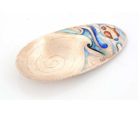 A contemporary silver caddy spoon with enamelled decoration, in the form of a scoop with engraved and textured decoration on 