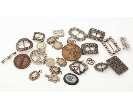 A mixed lot of silver and plated items comprising: a George III small silver buckle; a Chinese silver buckle; other paste and